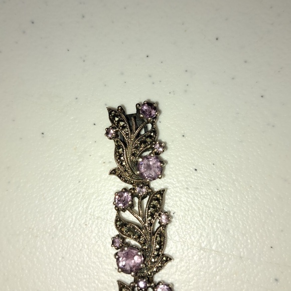Beautiful Vintage Sterling Silver Amethyst Marcasite Flower Leaf Bracelet - Picture 5 of 12